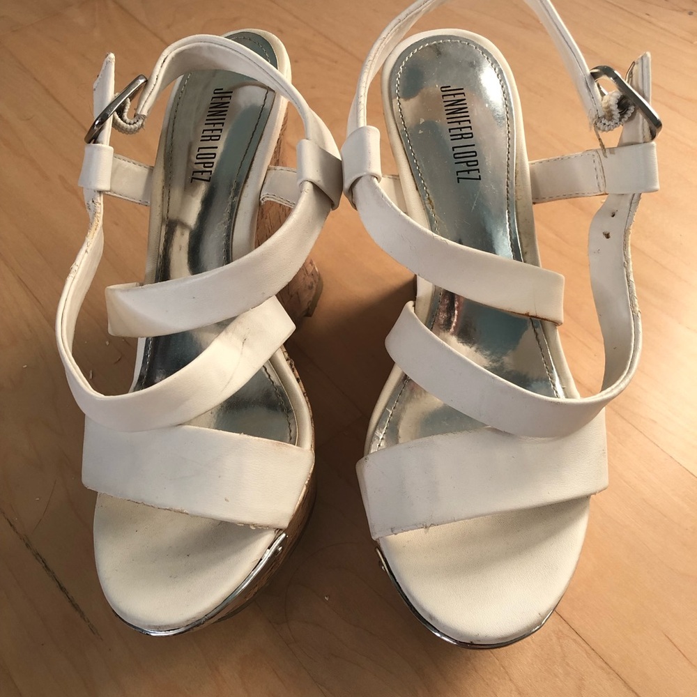 Jennifer Lopez White Crisscross Wedge Sandals
